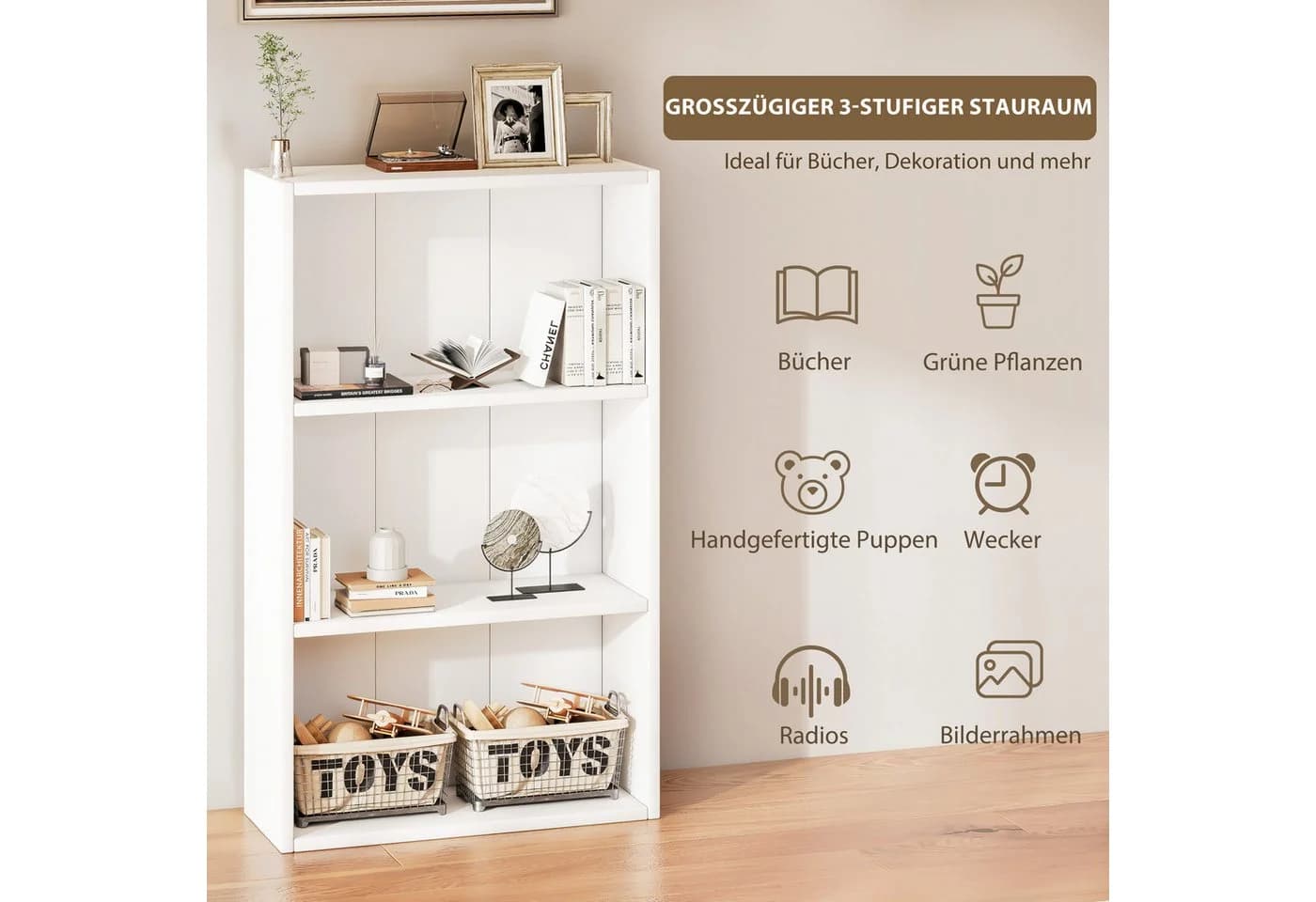 oyajia Bücherregal 3-Fach Standregal Weiß Holzwerkstoff