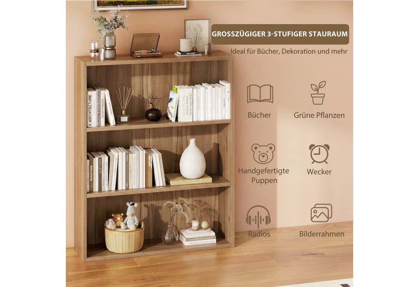 oyajia Bücherregal 3-Fach Standregal Holzwerkstoff Weiß/Holz - Bild 4