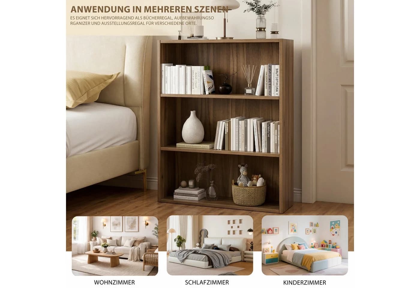 oyajia Bücherregal 3-Fach Standregal Holzwerkstoff Weiß/Holz - Bild 5