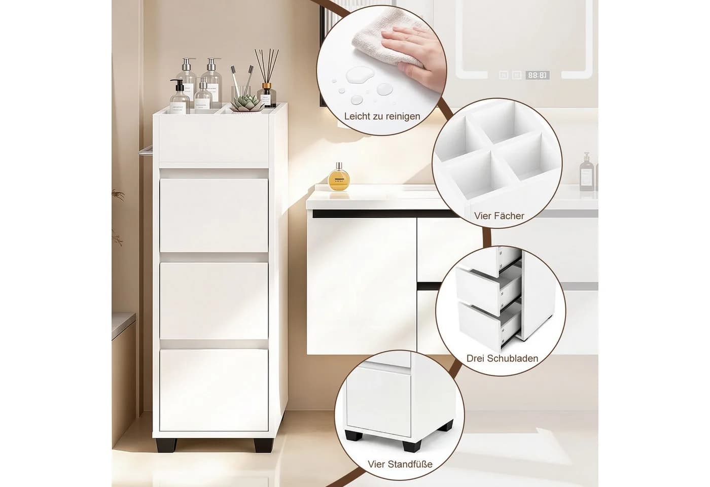 oyajia Badschrank schmal weiß mit 3 Schubladen und 4 Fächern