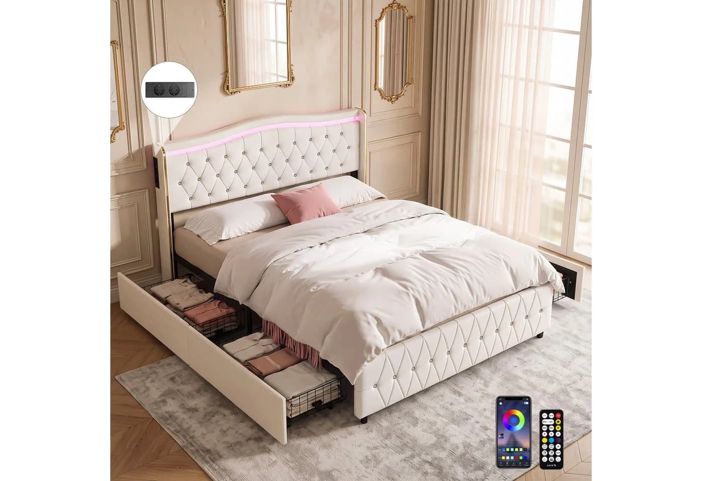 oyajia Polsterbett Beige mit LED, 4 Schubladen & Ladestation
