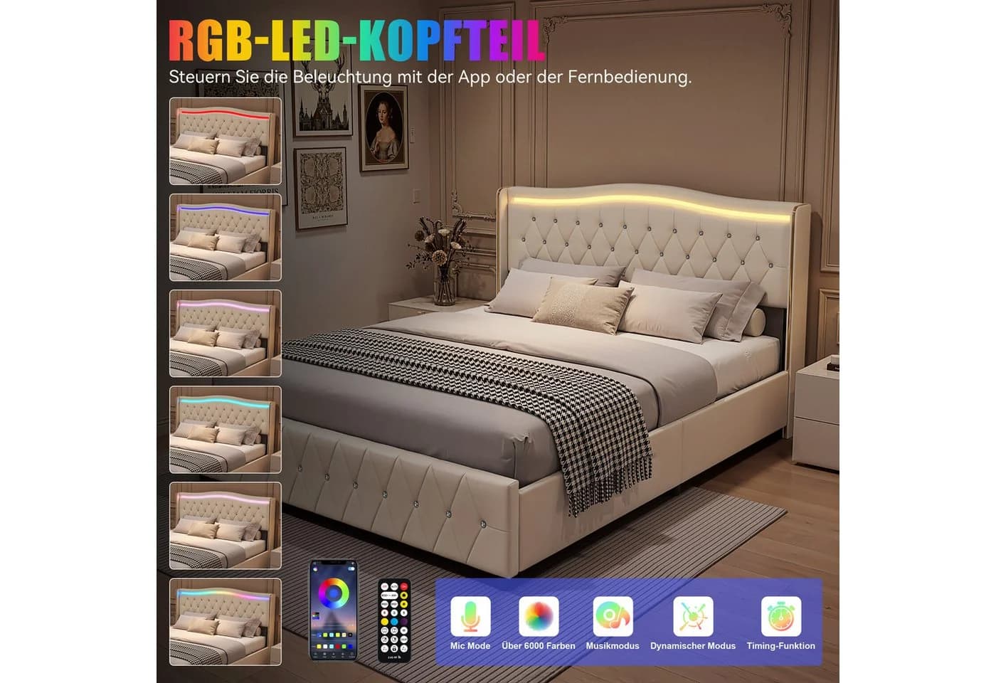 oyajia Polsterbett Beige mit LED, 4 Schubladen & Ladestation - Bild 3