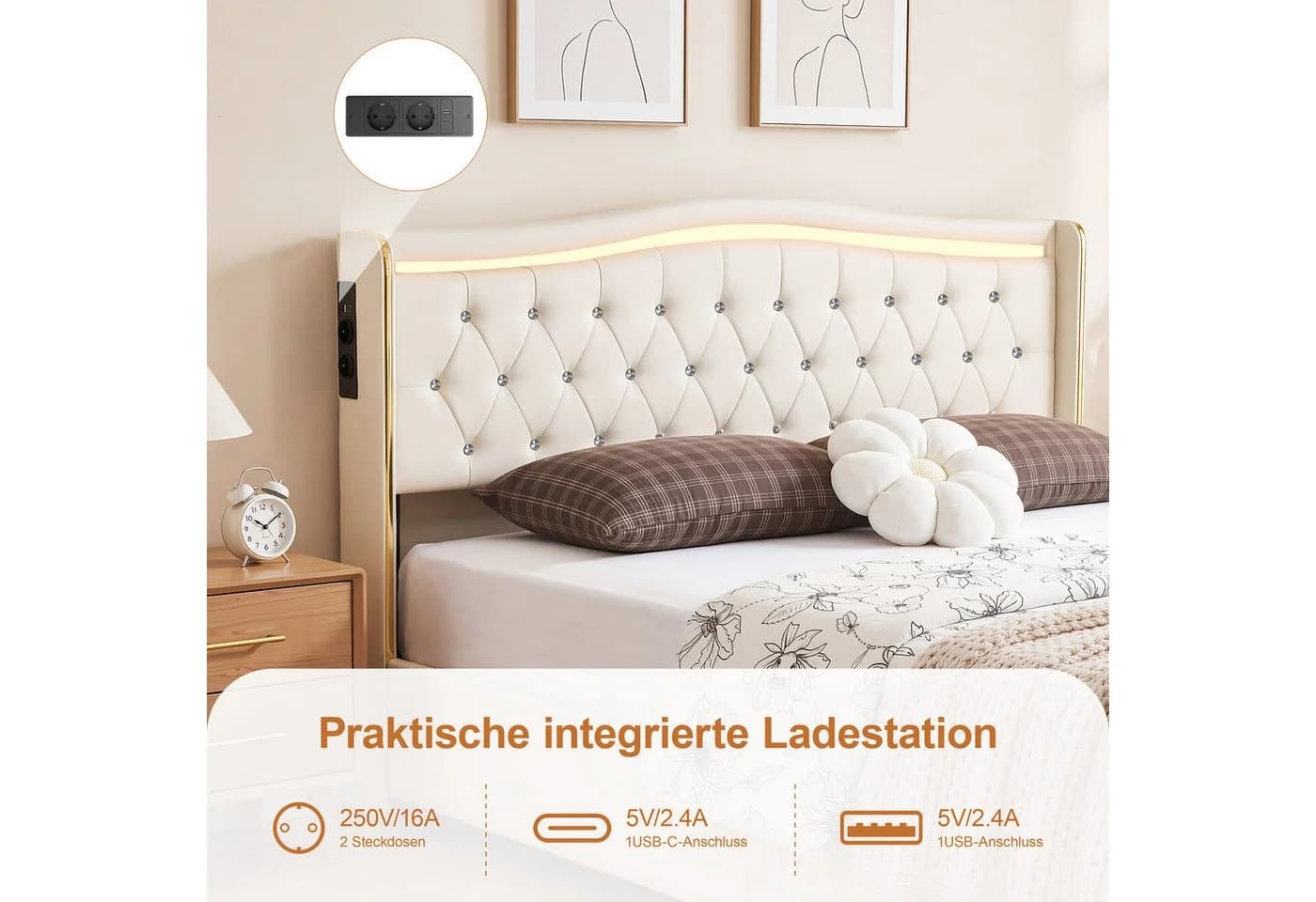 oyajia Polsterbett Beige mit LED, 4 Schubladen & Ladestation - Bild 5