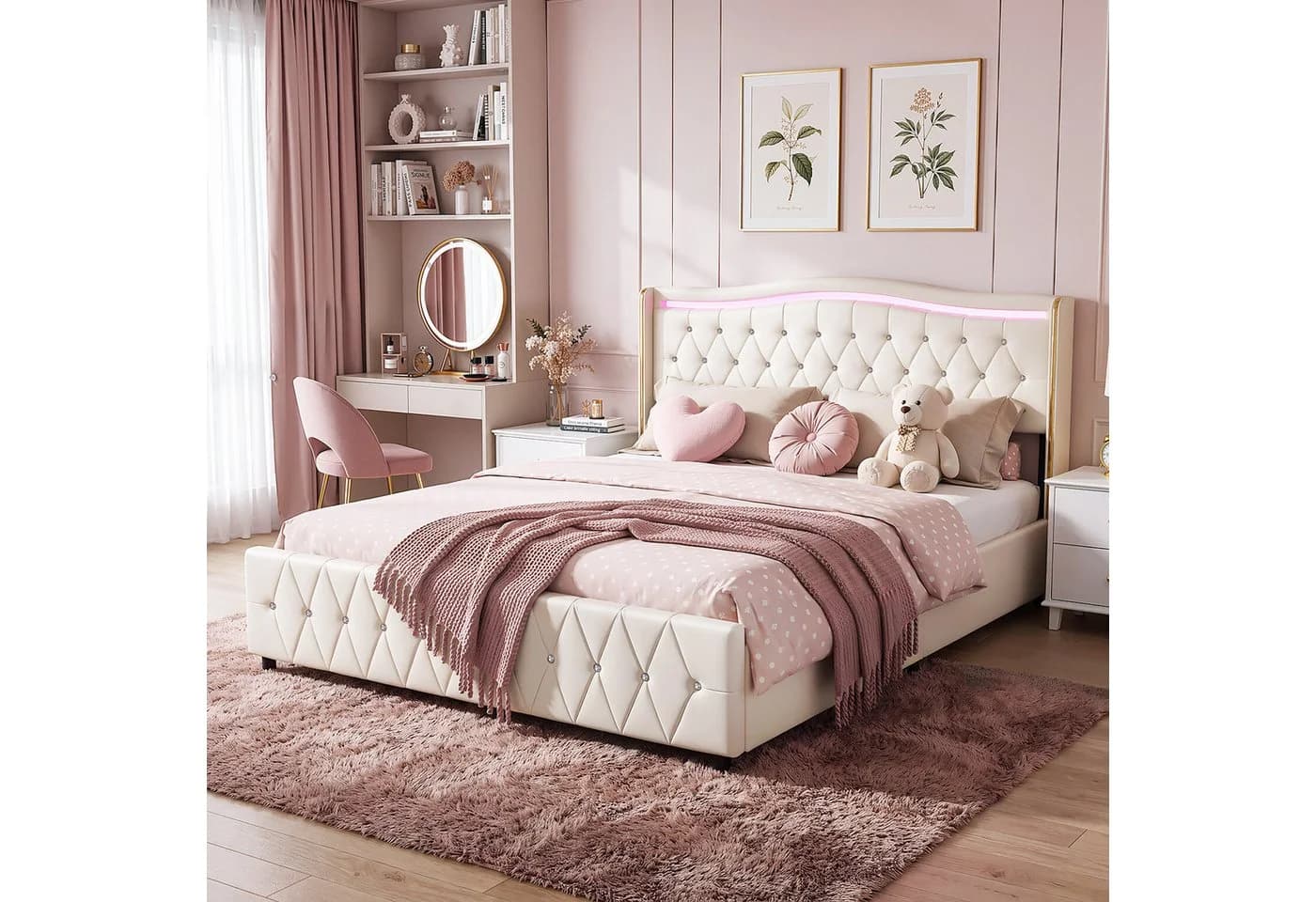 oyajia Polsterbett LED mit Stauraum und Ladefunktion Beige