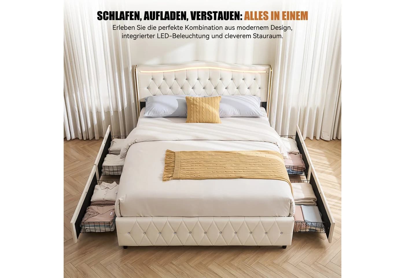 oyajia Polsterbett LED mit Stauraum und Ladefunktion Beige - Bild 5