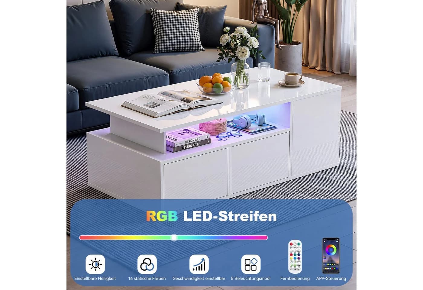 oyajia Couchtisch Hochglanz Weiß mit LED-Beleuchtung & Stauraum - Bild 3