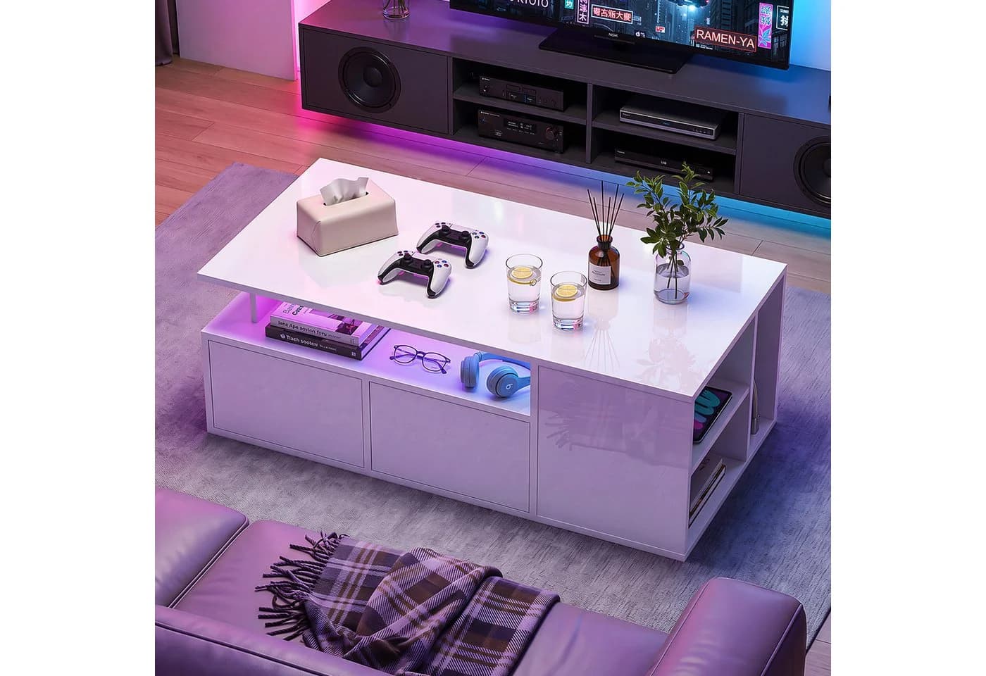 oyajia Couchtisch Hochglanz Weiß mit LED-Beleuchtung & Stauraum - Bild 4