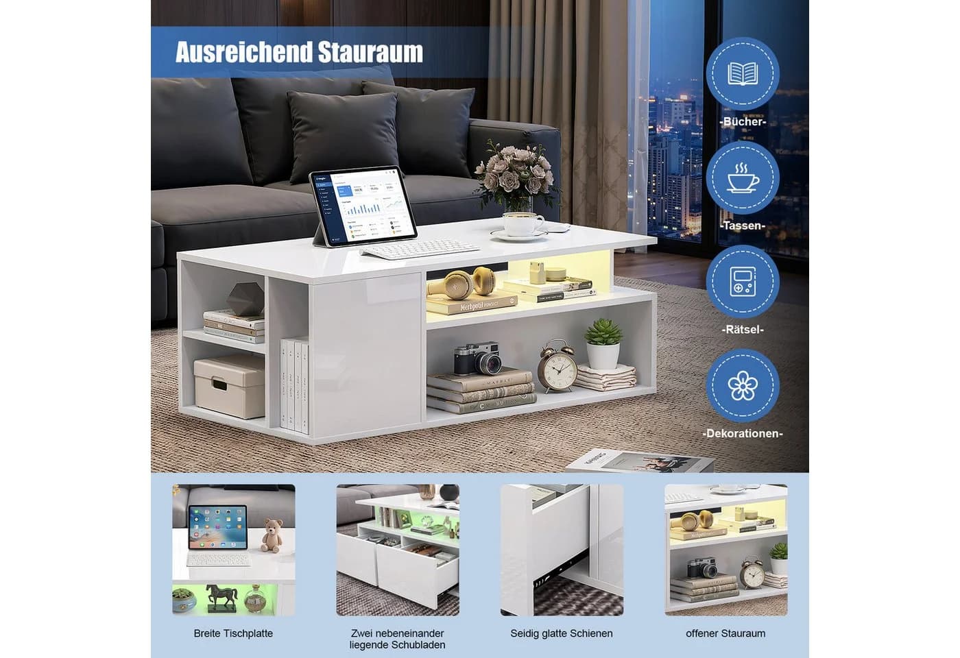 oyajia Couchtisch Hochglanz Weiß mit LED-Beleuchtung & Stauraum - Bild 5