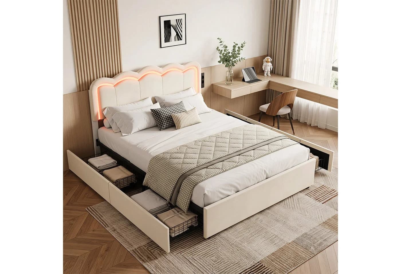 oyajia Polsterbett mit LED, Ladestation & Schubladen Beige