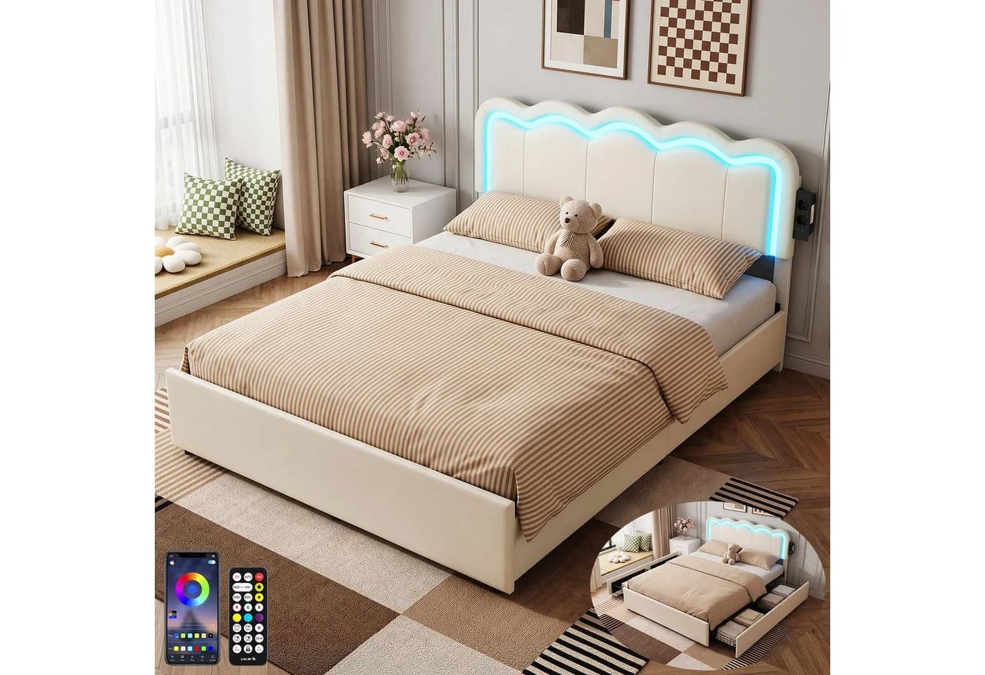 oyajia Polsterbett mit LED, Ladestation & Schubladen Beige - Bild 2