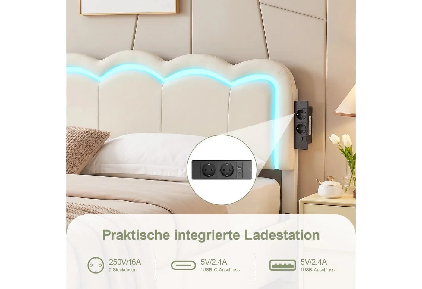 oyajia Polsterbett mit LED, Ladestation & Schubladen Beige - Bild 3