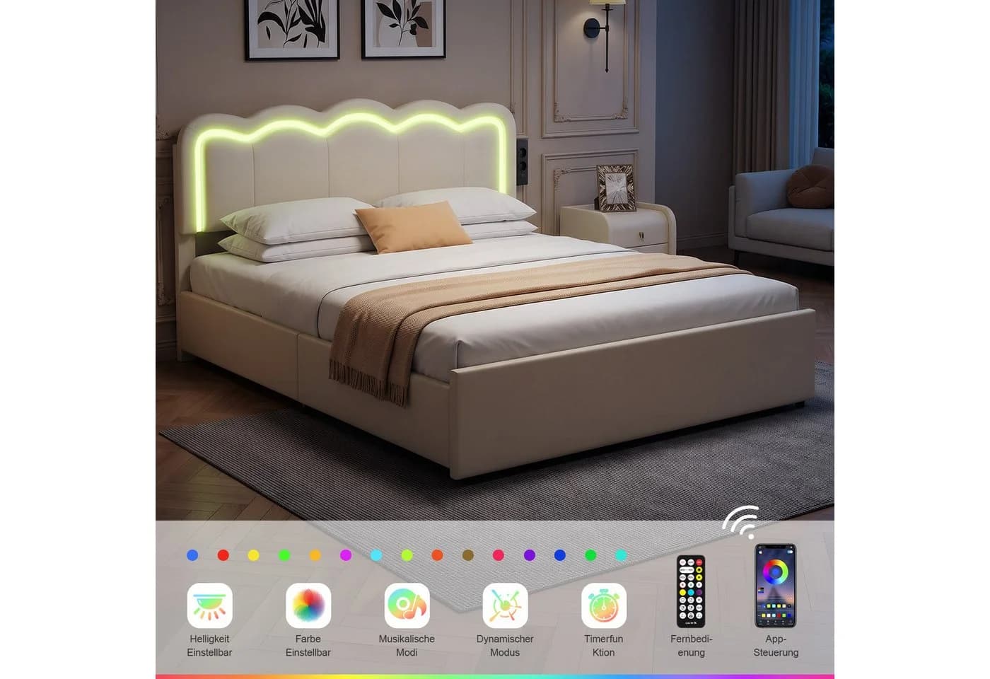 oyajia Polsterbett mit LED, Ladestation & Schubladen Beige - Bild 4