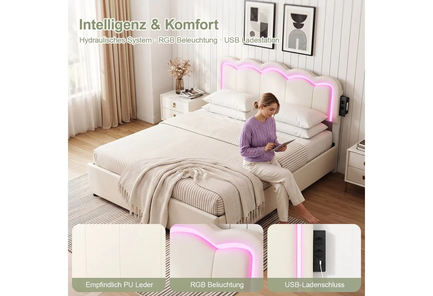 oyajia Polsterbett mit LED, Ladestation & Schubladen Beige - Bild 5