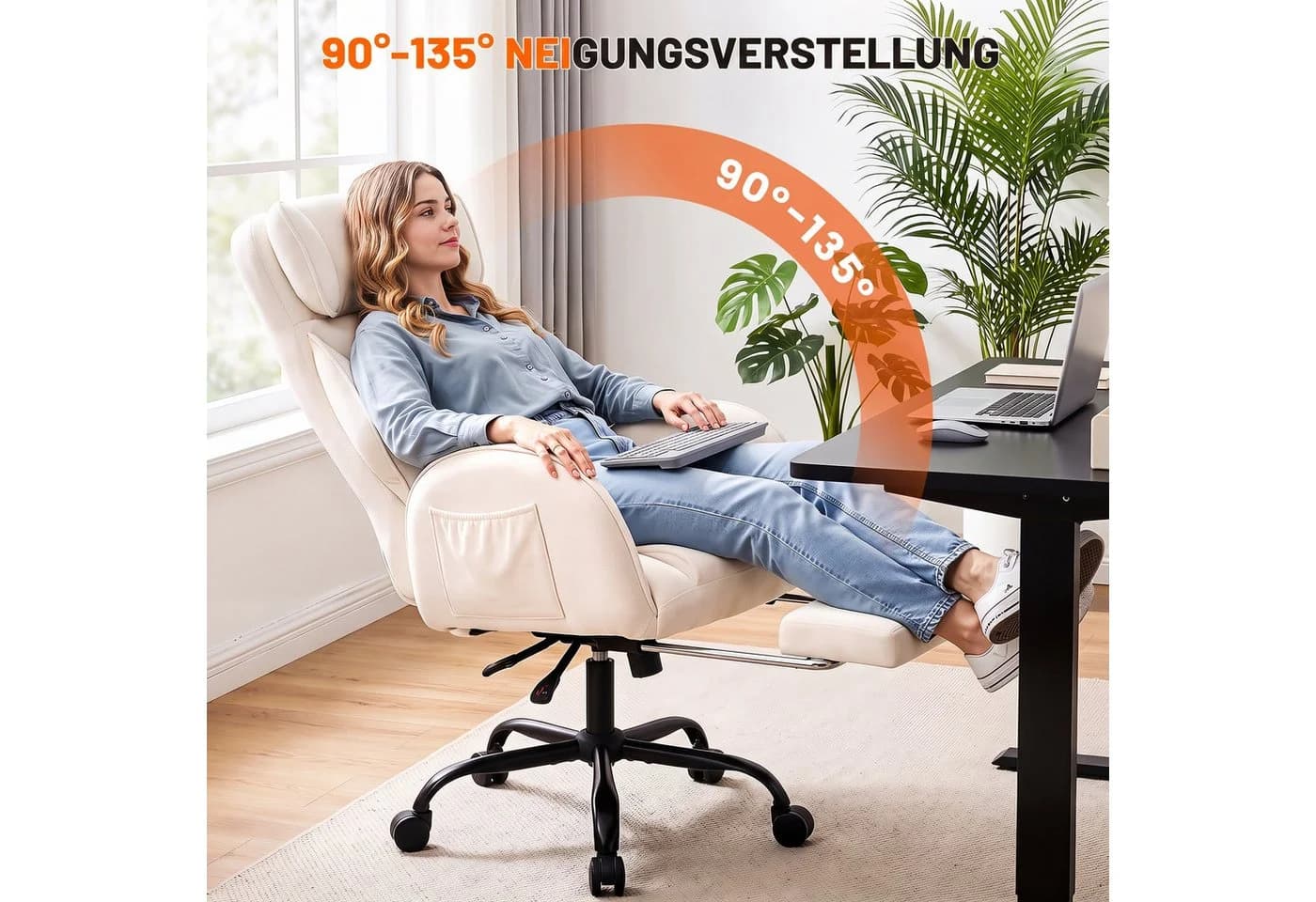 oyajia Chefsessel Ergonomisch Chenille Beige mit Fußstütze - Bild 4