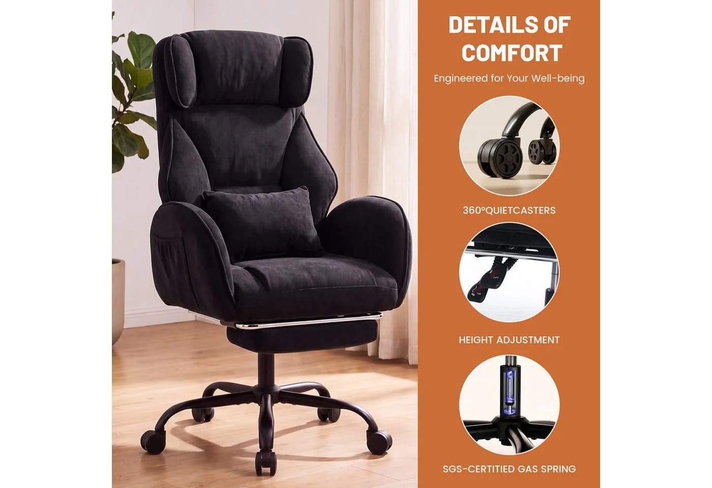 oyajia Chefsessel Ergonomisch Chenille Schwarz 200kg Belastbar - Bild 5