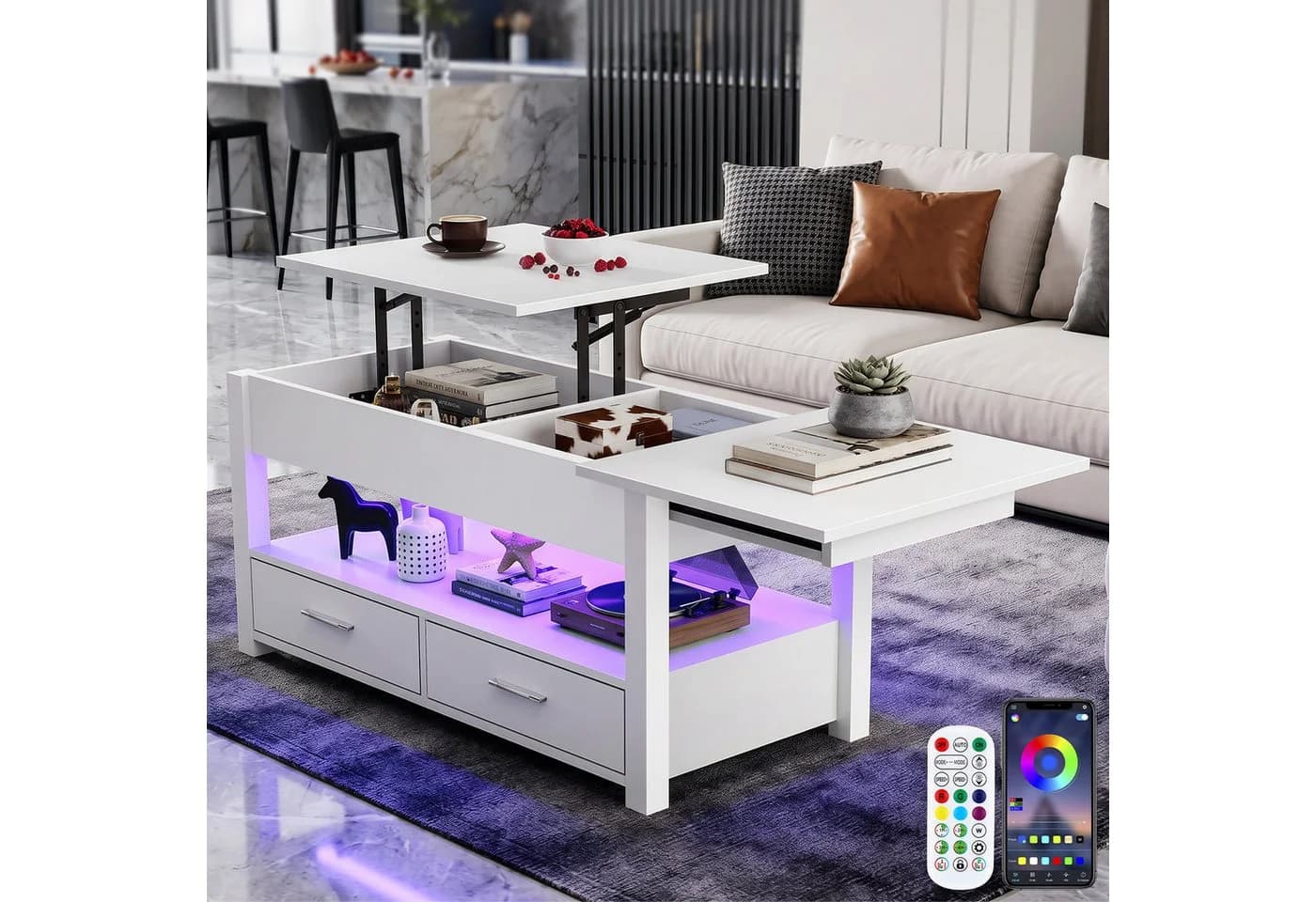 oyajia Höhenverstellbarer Couchtisch mit LED-Beleuchtung und Stauraum