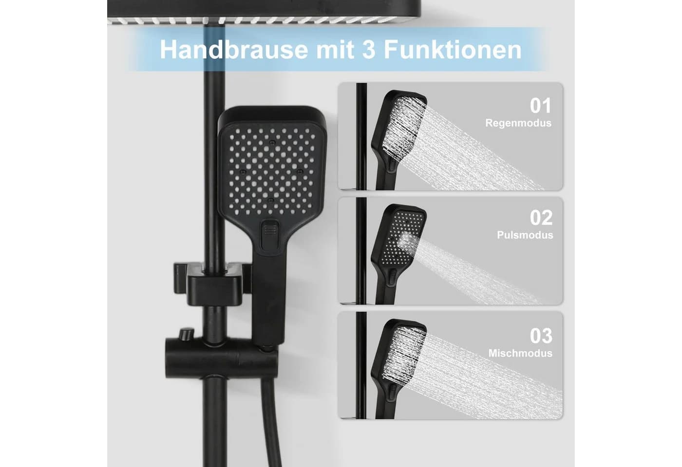 oyajia Duschsystem Schwarz mit LED-Panel, 4 Wasserauslässe, höhenverstellbar - Bild 5