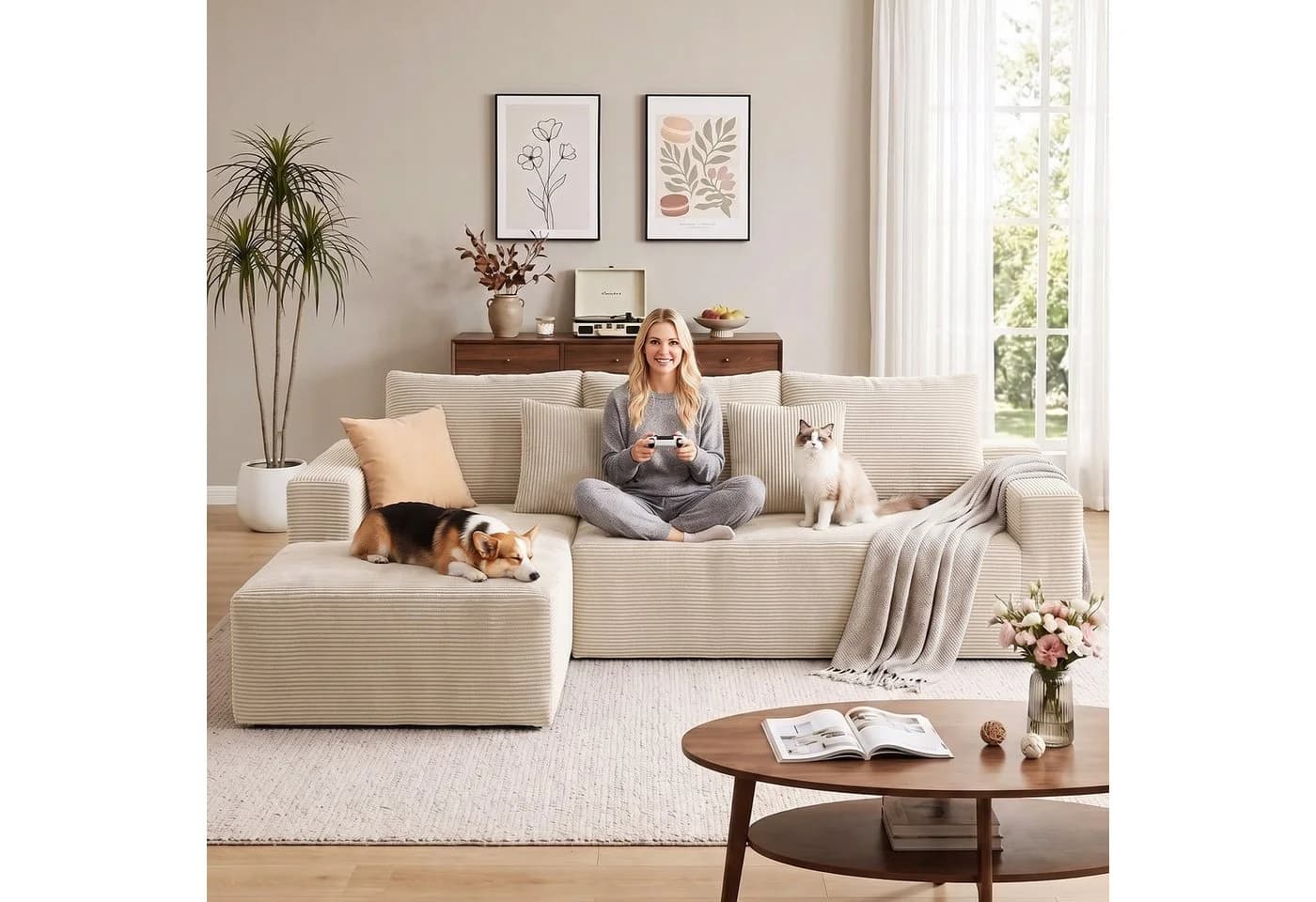oyajia Ecksofa modulares Sofa 240cm mit großer Chaiselongue beige - Bild 3