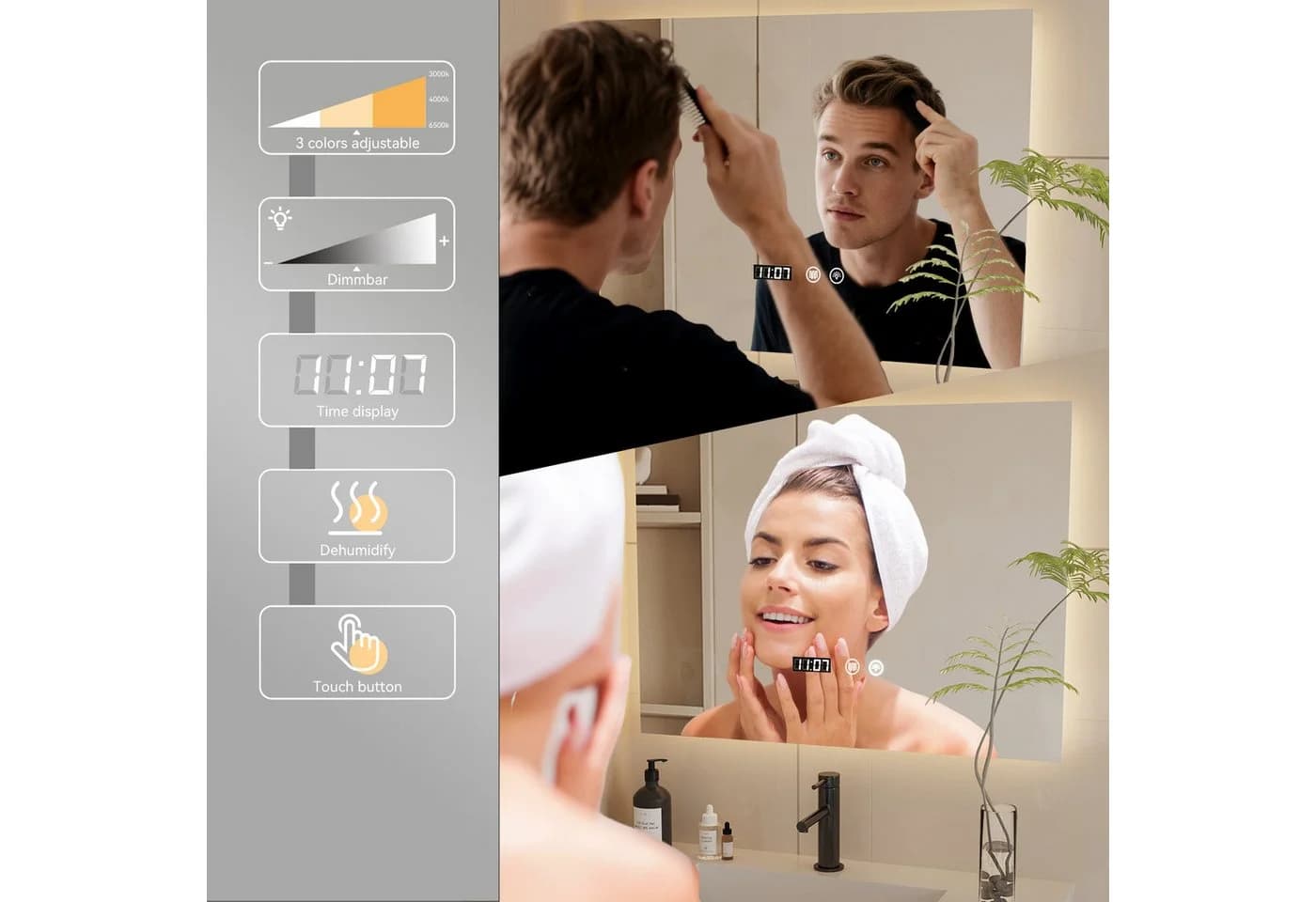 oyajia Badspiegel mit LED-Beleuchtung, Schwarz, Antibeschlag & Touch-Steuerung - Bild 5