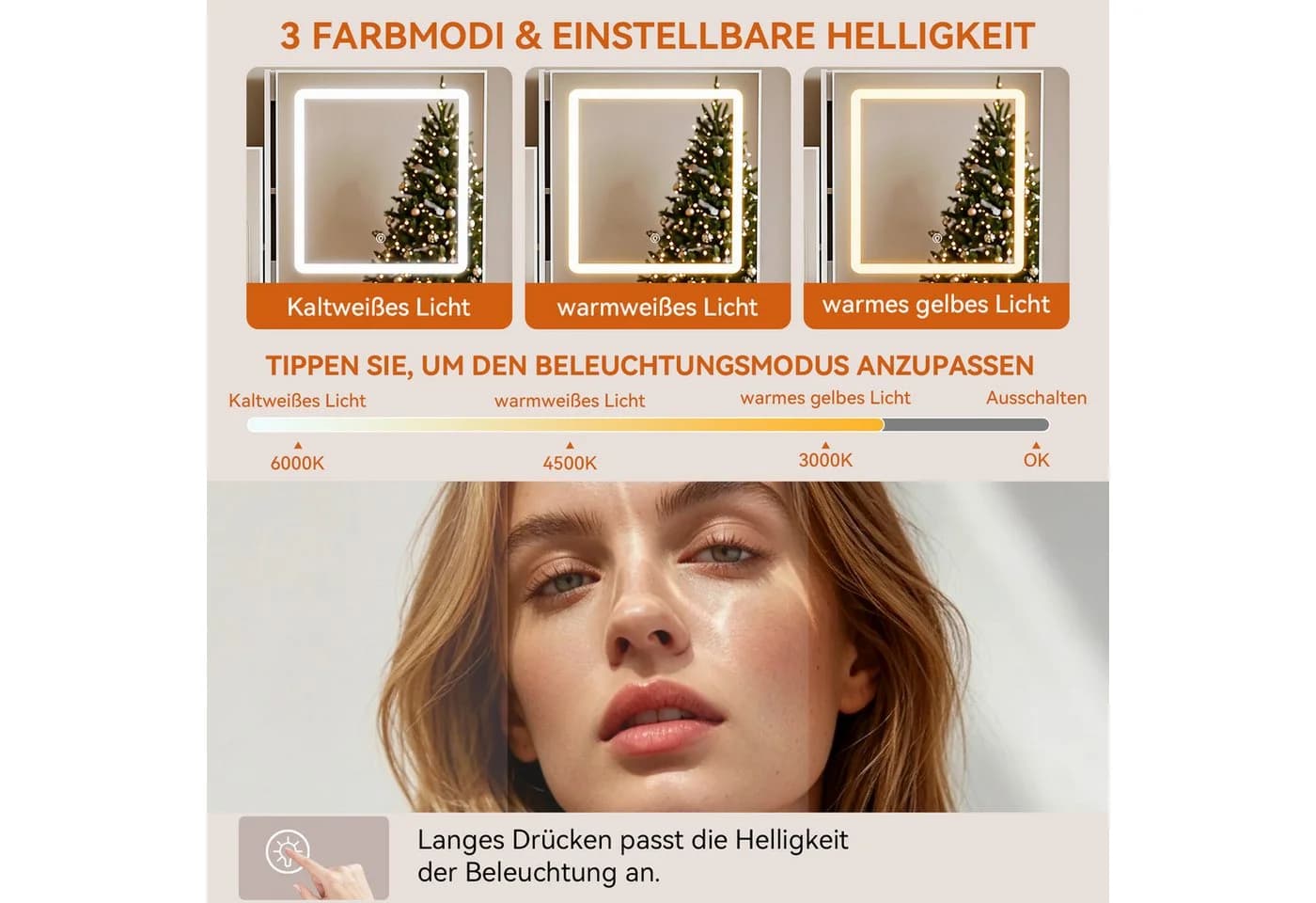 oyajia Schminktisch mit LED-Beleuchtung, Spiegel und Hocker Weiß - Bild 4