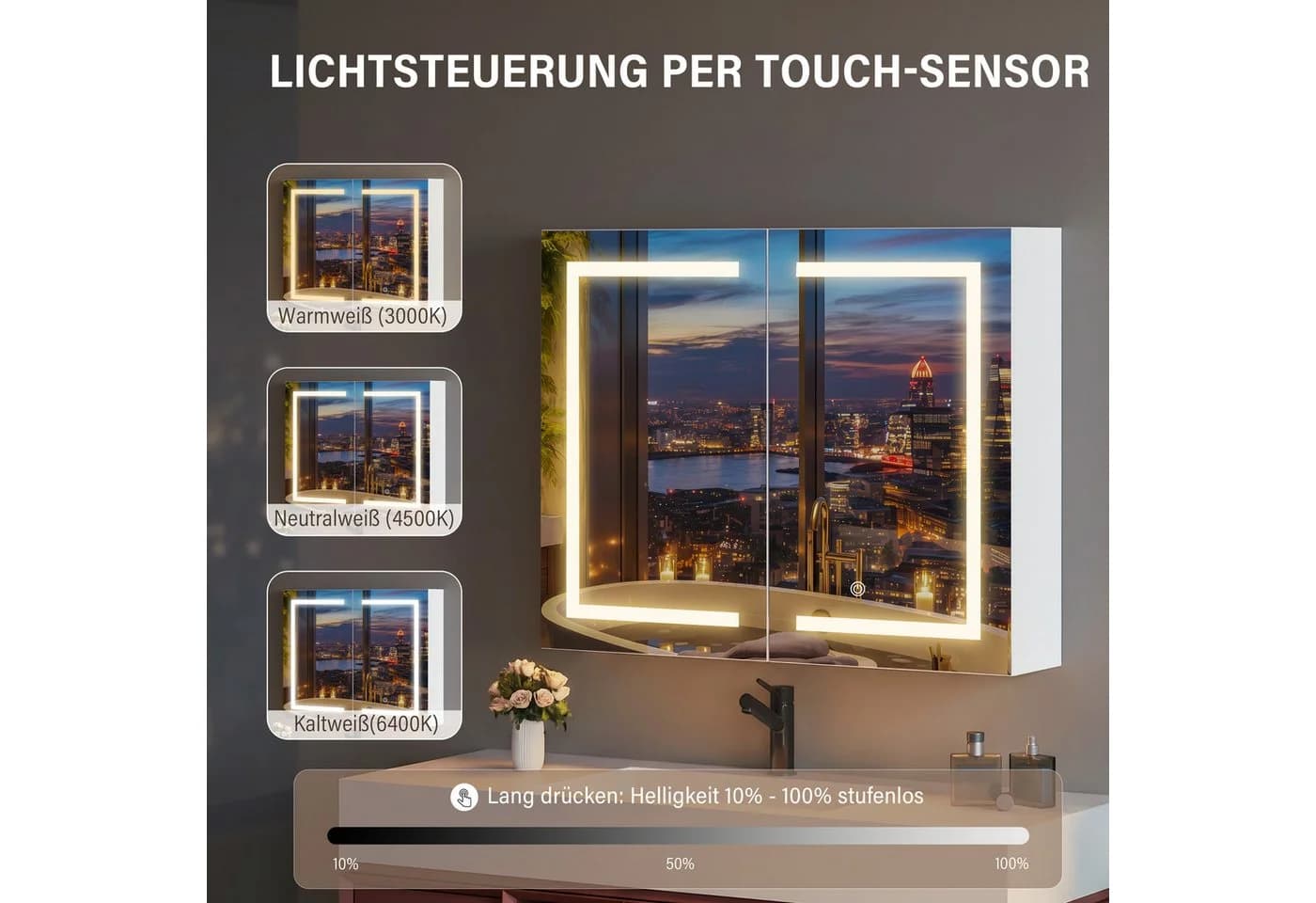 oyajia Spiegelschrank mit LED-Beleuchtung und 2 Türen Weiß - Bild 3