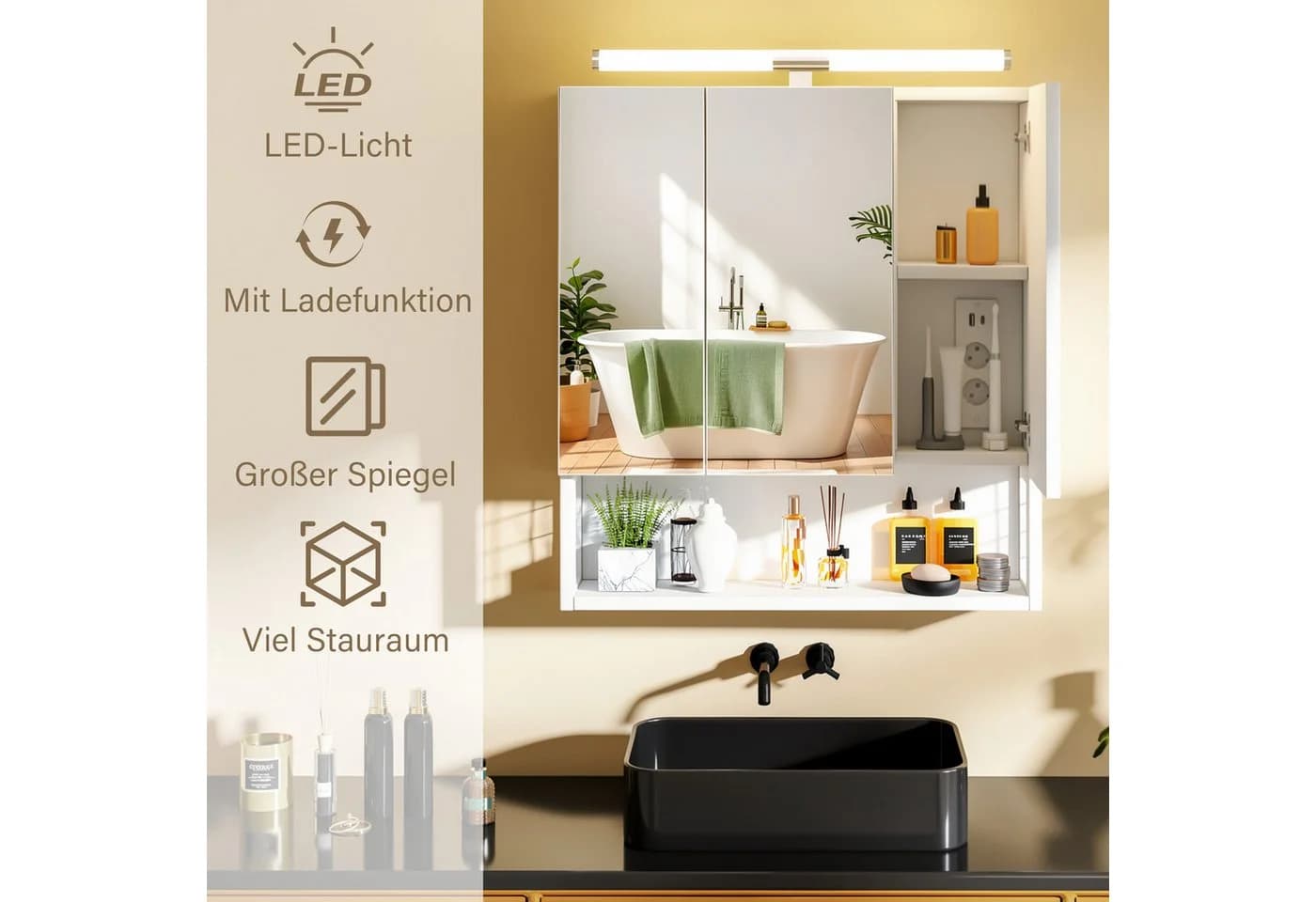 oyajia Spiegelschrank mit LED, Steckdosen und 3 Türen Weiß