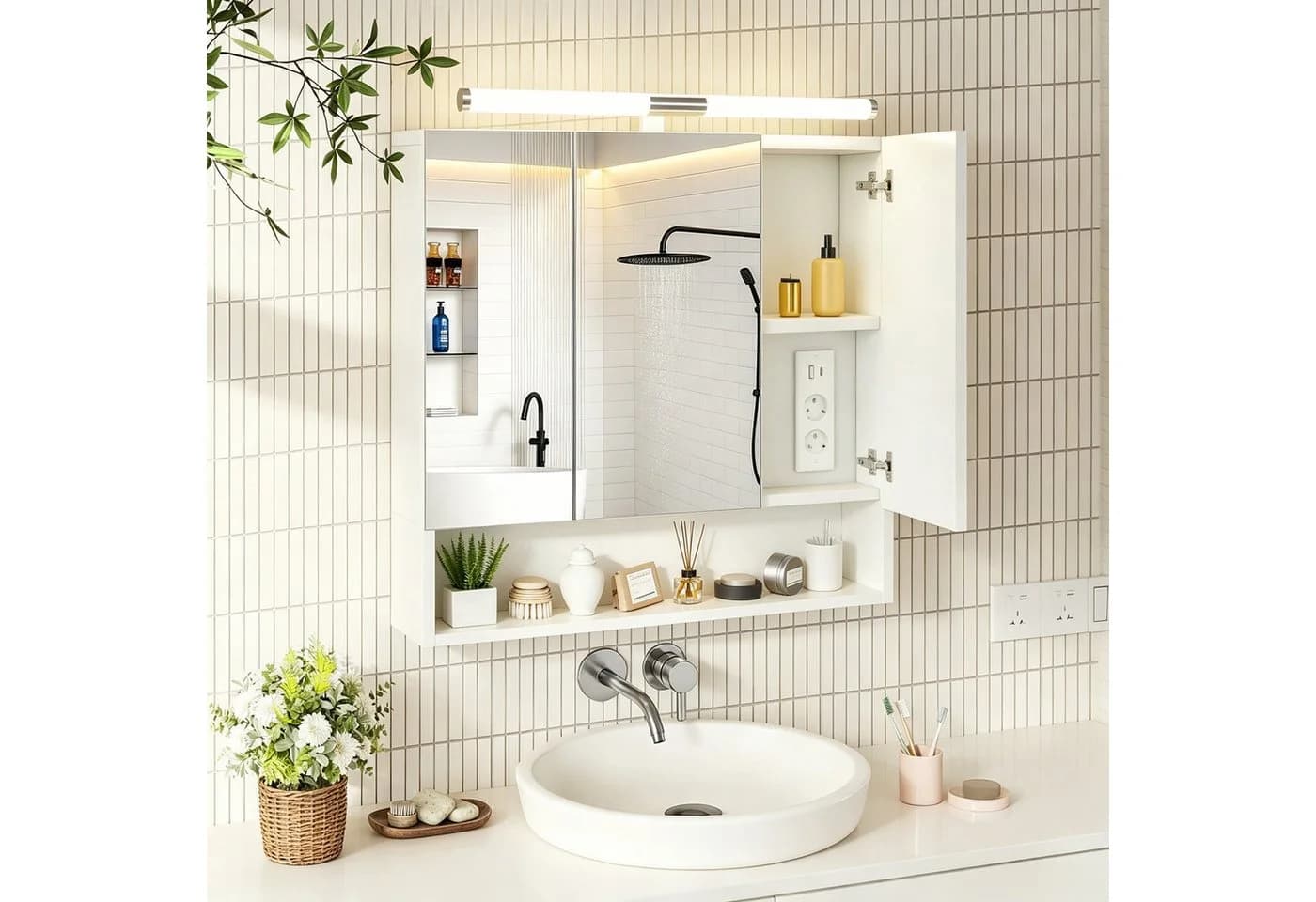 oyajia Spiegelschrank mit LED, Steckdosen und 3 Türen Weiß - Bild 2
