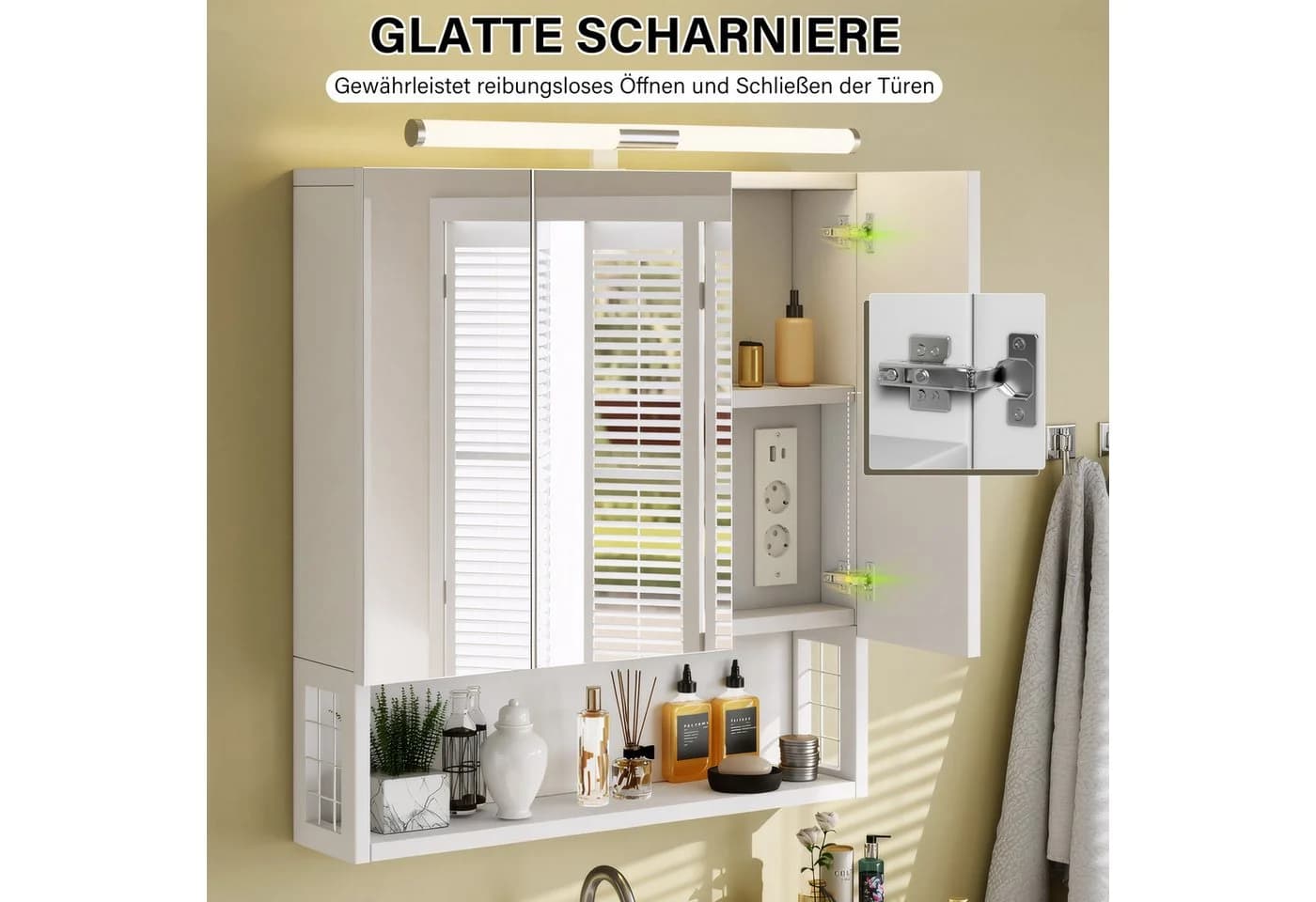 oyajia Spiegelschrank mit LED, Steckdosen und 3 Türen Weiß - Bild 3