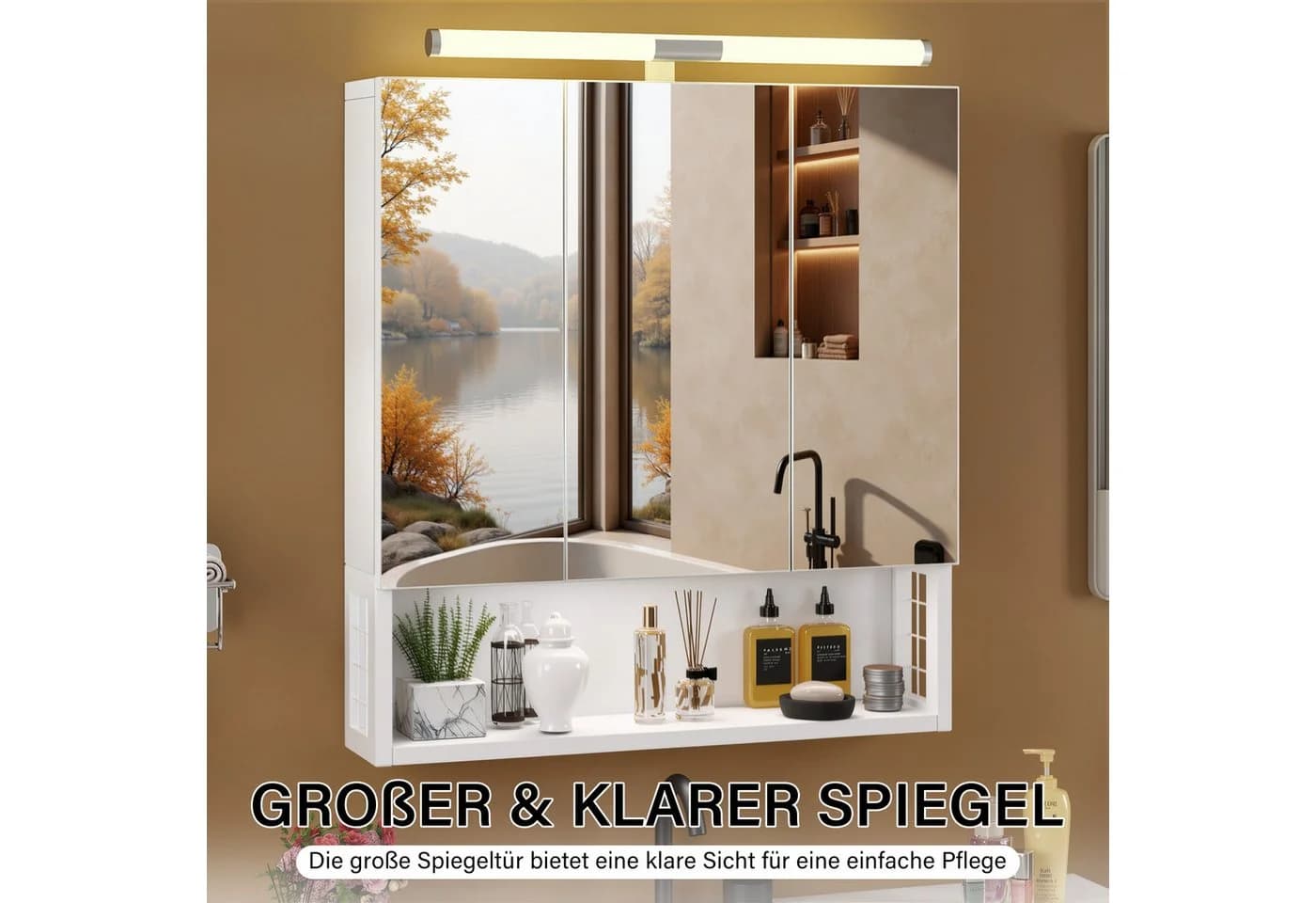 oyajia Spiegelschrank mit LED, Steckdosen und 3 Türen Weiß - Bild 4