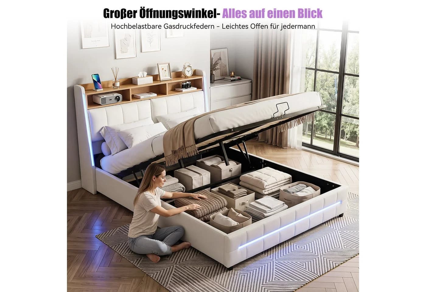oyajia Polsterbett 140x200 cm Beige mit LED, USB & Stauraum