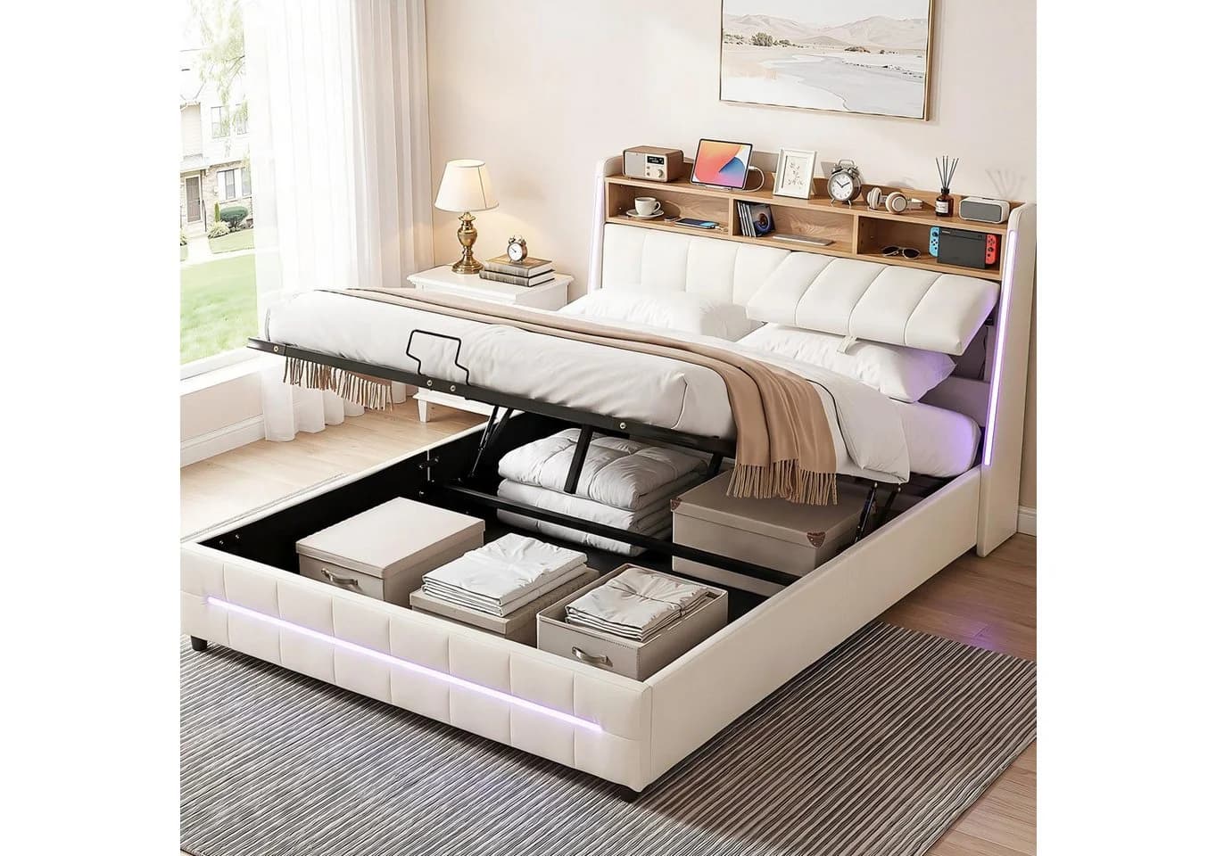 oyajia Polsterbett 140x200 cm Beige mit LED, USB & Stauraum - Bild 2