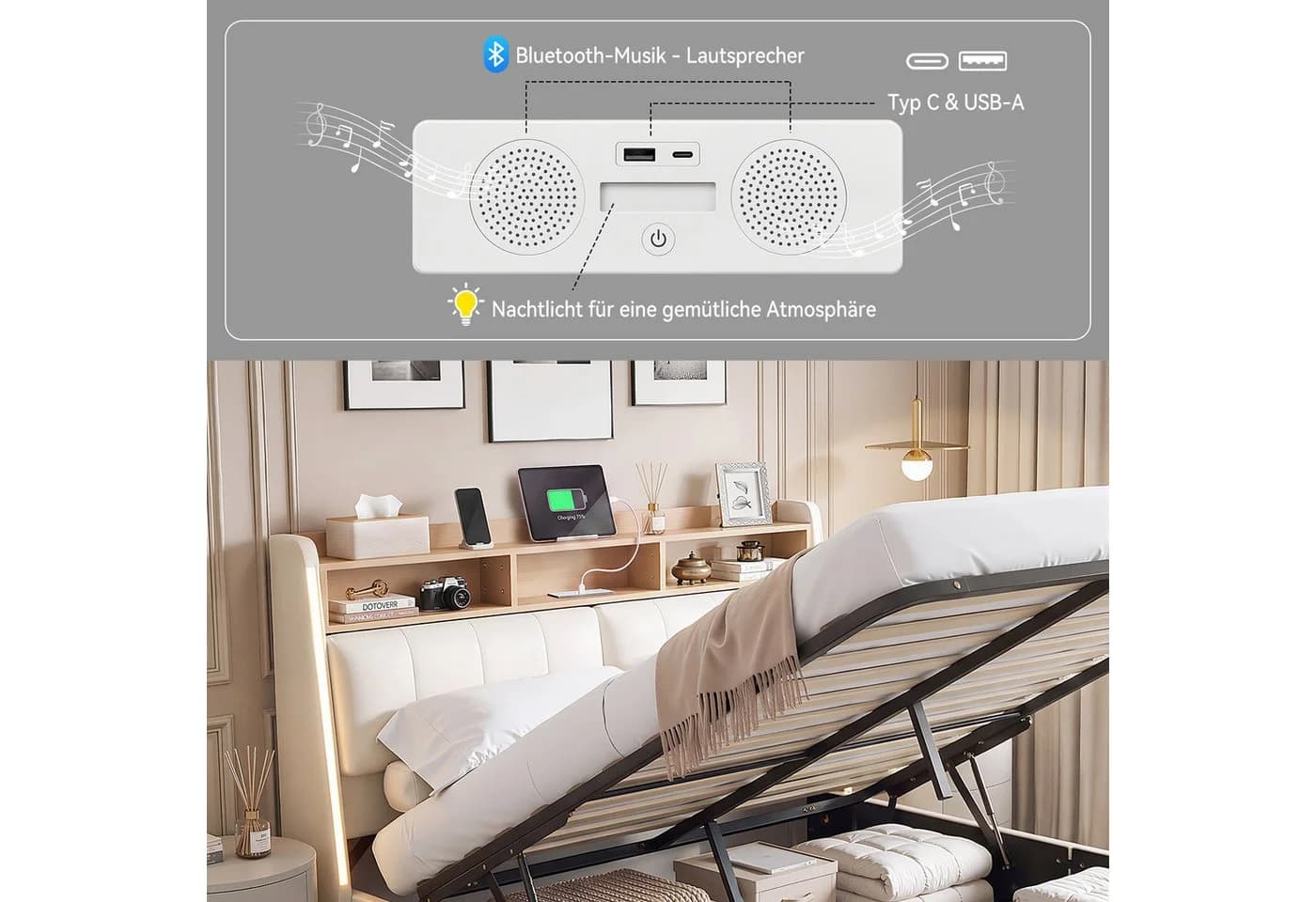 oyajia Polsterbett 140x200 cm Beige mit LED, USB & Stauraum - Bild 3