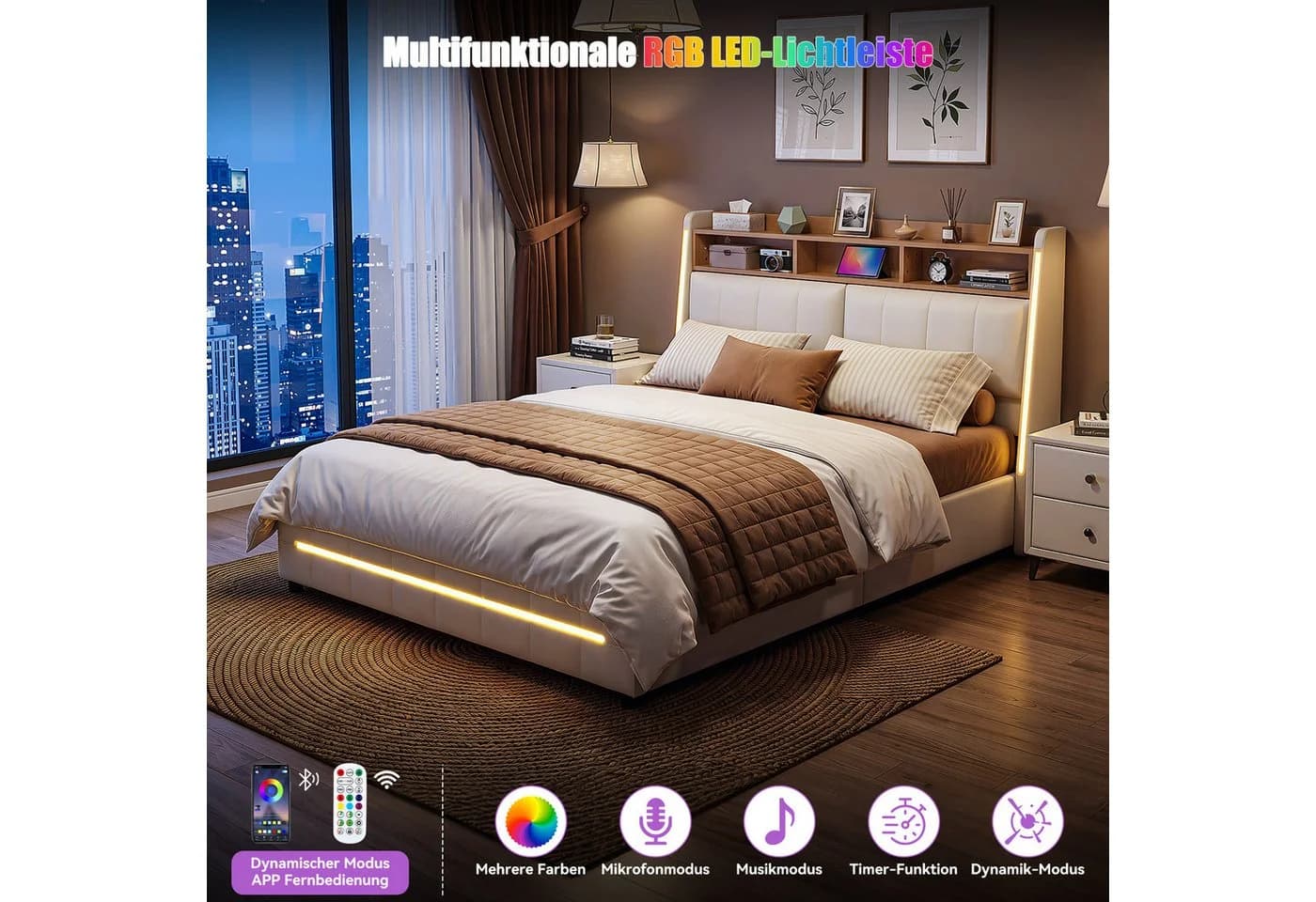 oyajia Polsterbett 140x200 cm Beige mit LED, USB & Stauraum - Bild 4