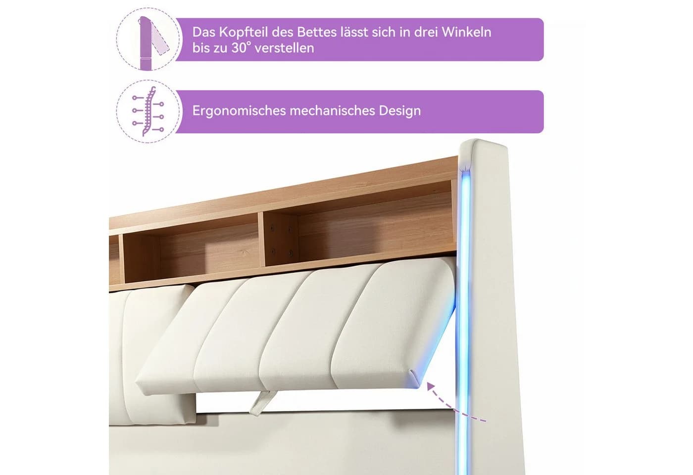 oyajia Polsterbett 140x200 cm Beige mit LED, USB & Stauraum - Bild 5