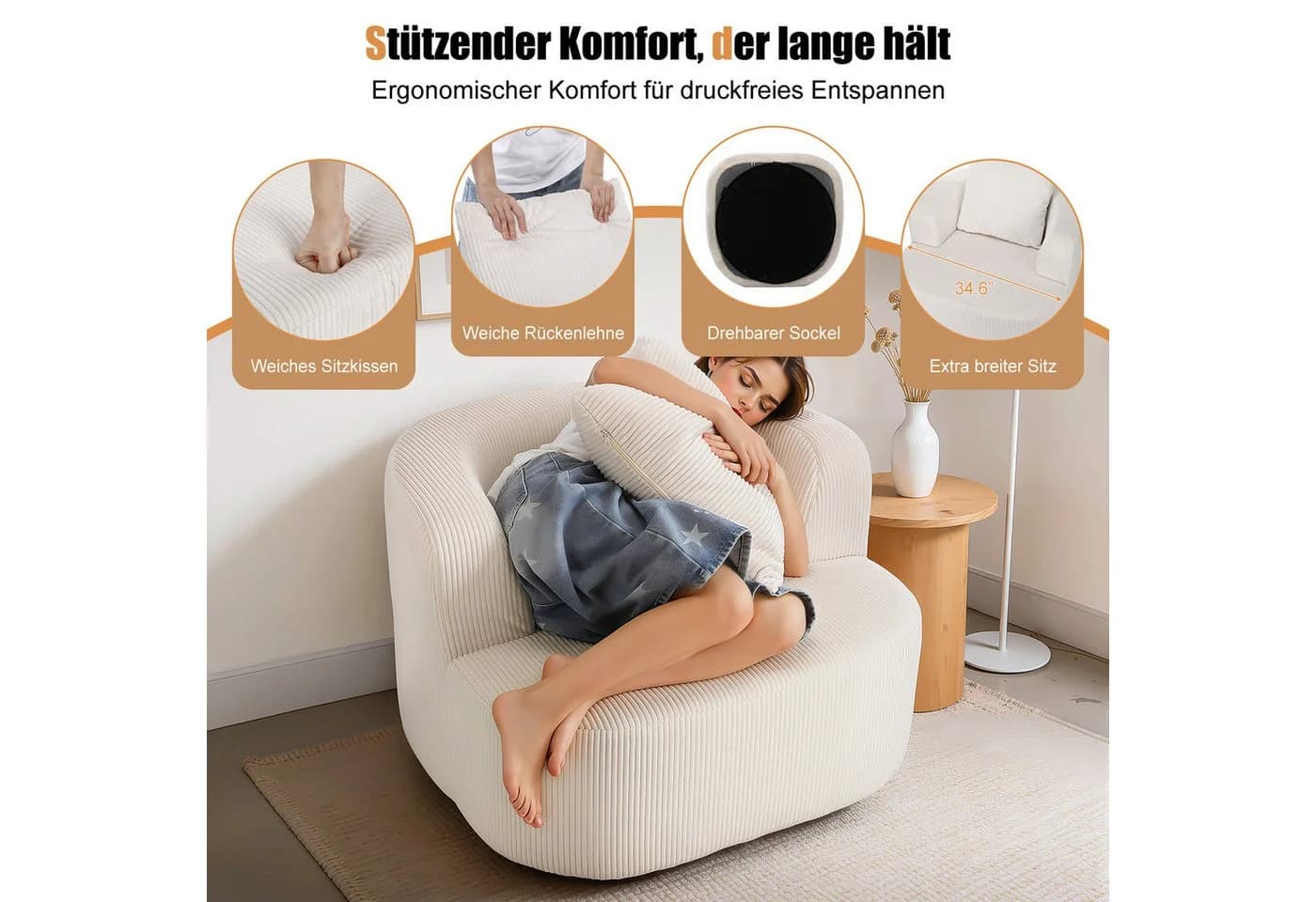 oyajia Drehsessel 360° mit Armlehne Cordstoff - Bild 4