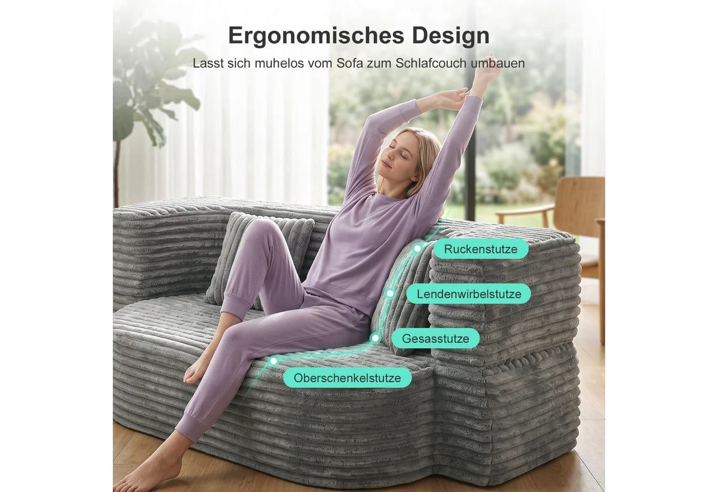 oyajia Schlafsofa Klappbar Grau Cord 192,5 cm - Bild 3