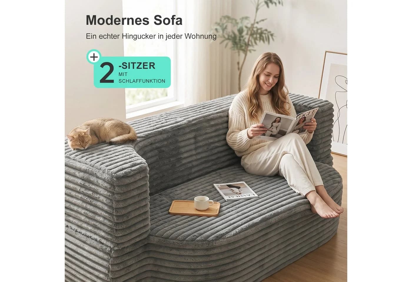 oyajia Schlafsofa Klappbar Grau Cord 192,5 cm - Bild 5