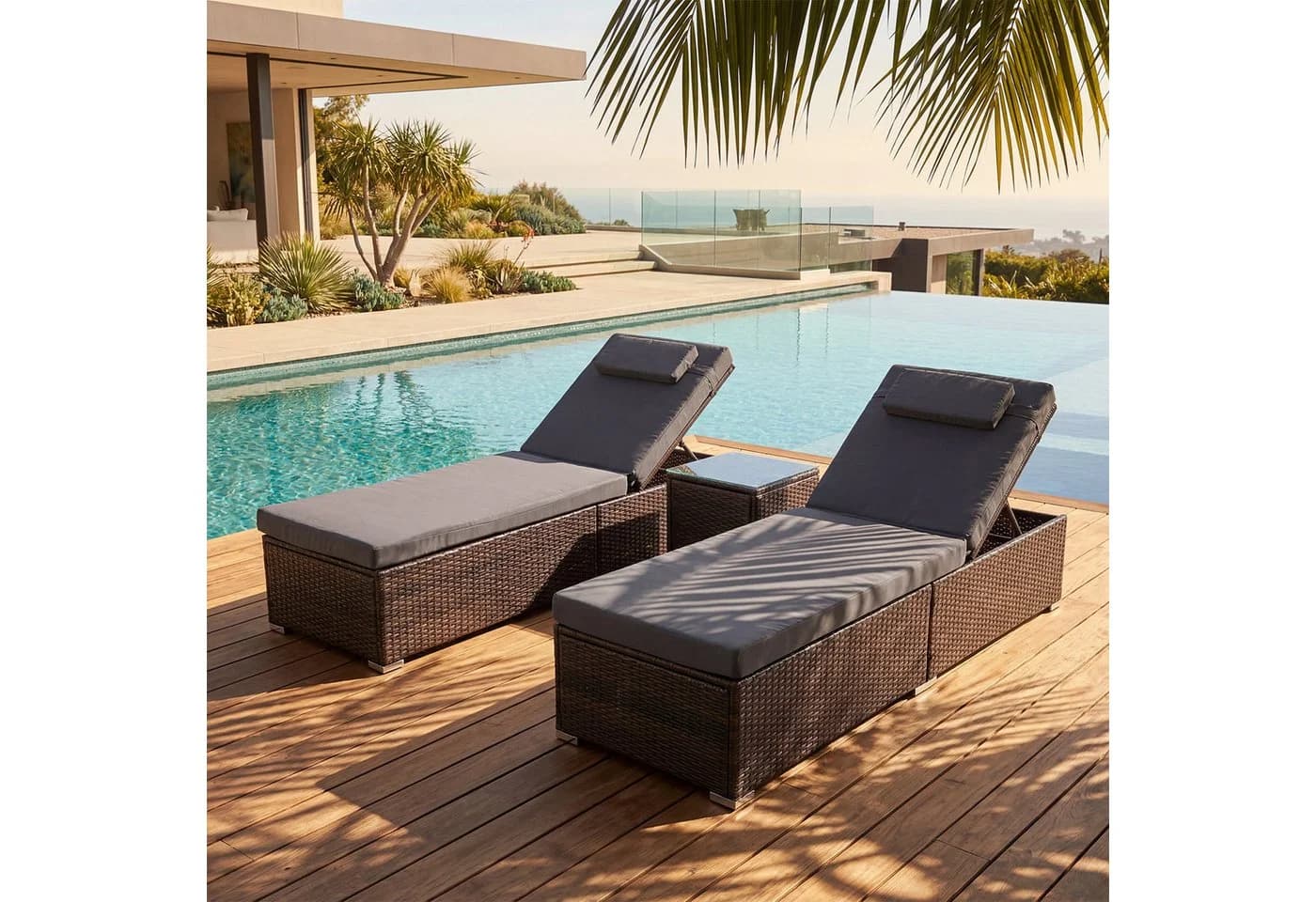 oyajia Gartenliege 2-Personen Polyrattan Sonnenliege mit Glastisch