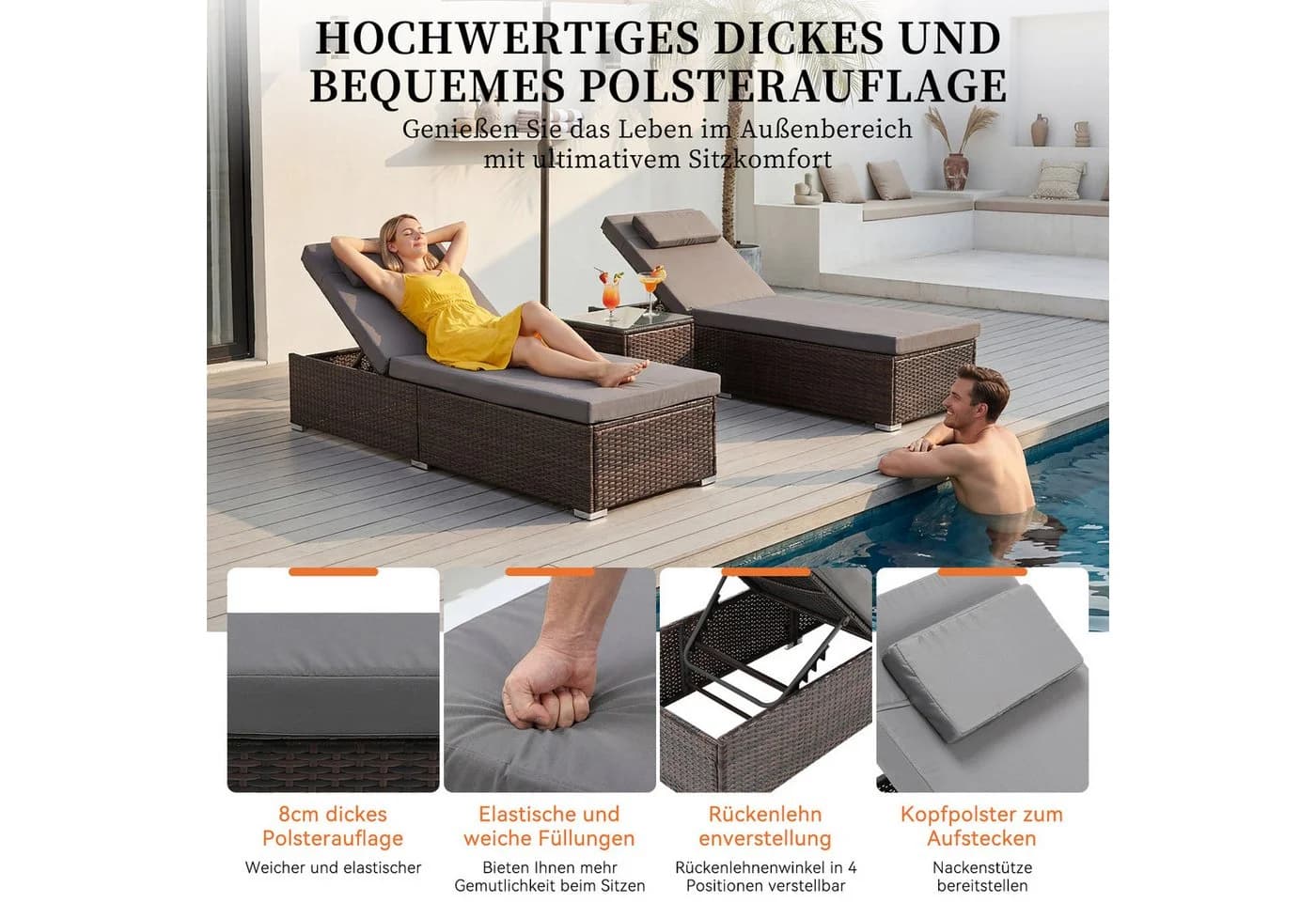 oyajia Gartenliege 2-Personen Polyrattan Sonnenliege mit Glastisch - Bild 3