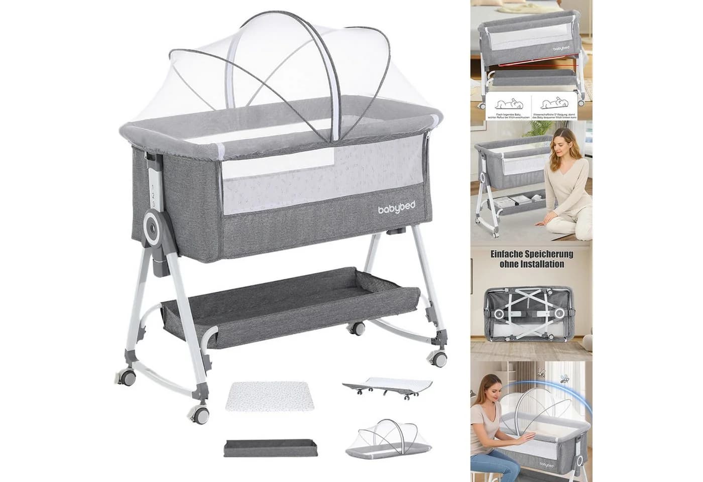 oyajia Beistellbett 3 in 1 grau mit Matratze und Moskitonetz - Bild 3
