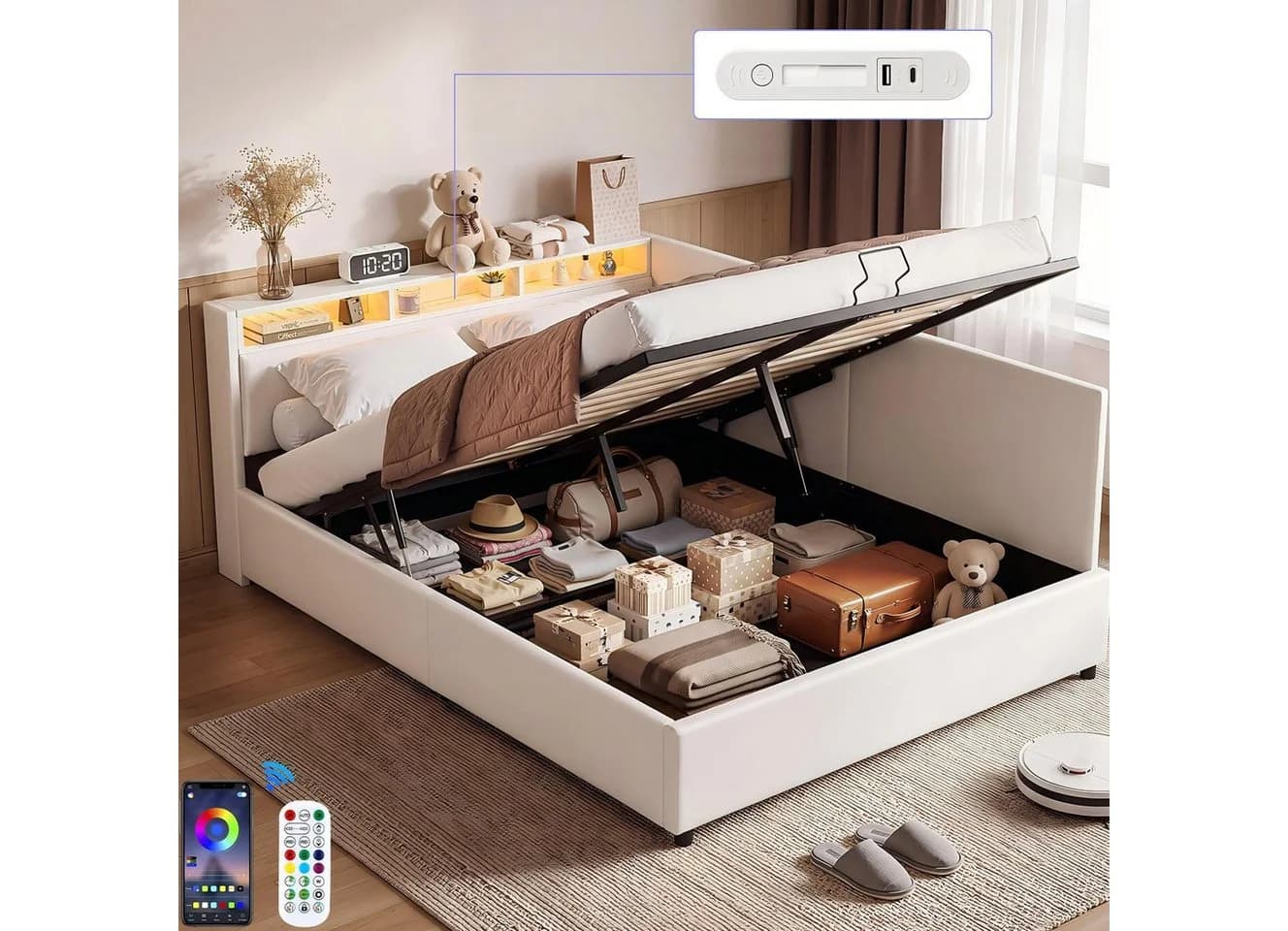 oyajia Polsterbett 140x200 mit LED, USB & Stauraum Beige