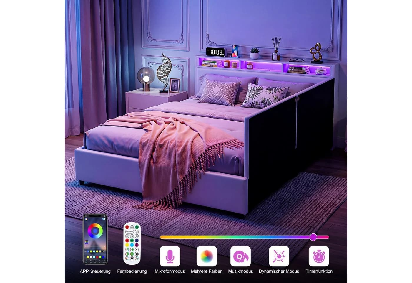 oyajia Polsterbett 140x200 mit LED, USB & Stauraum Beige - Bild 3