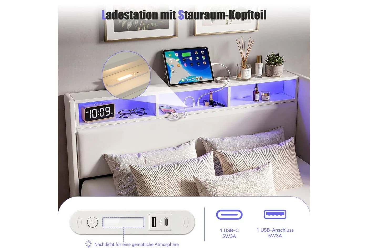 oyajia Polsterbett 140x200 mit LED, USB & Stauraum Beige - Bild 4