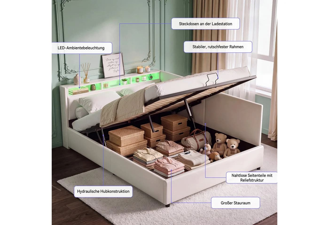 oyajia Polsterbett 140x200 mit LED, USB & Stauraum Beige - Bild 5
