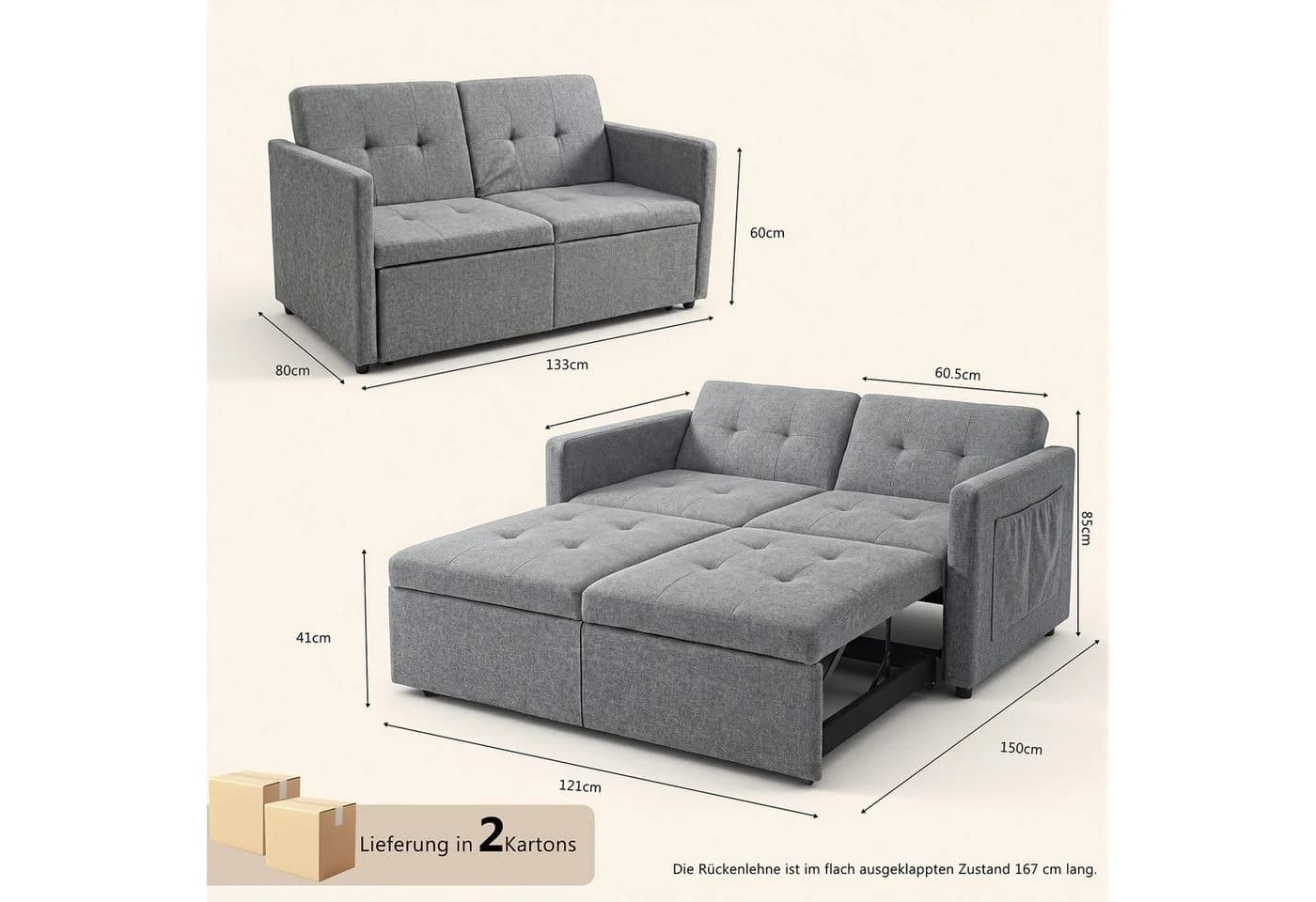 oyajia Schlafsofa 3 in 1 Klappsofa Grau mit Bettfunktion - Bild 5
