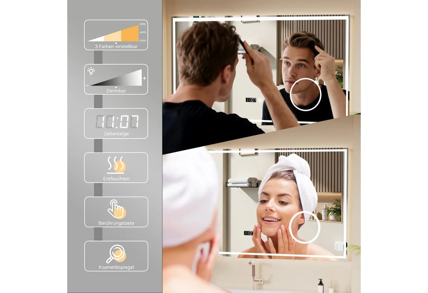 oyajia LED Badspiegel mit 3-fach Vergrößerung, Touch & Entnebelung - Bild 4