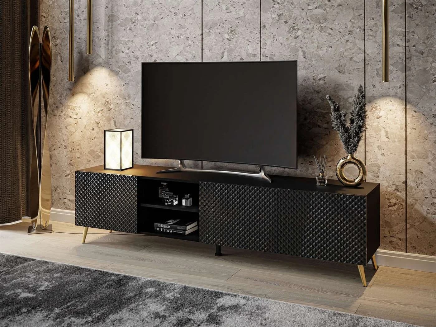 ALLHOUSE24 Lowboard PALERMO Sideboard Hochglanz gefräst, Metallfüße, 195 cm