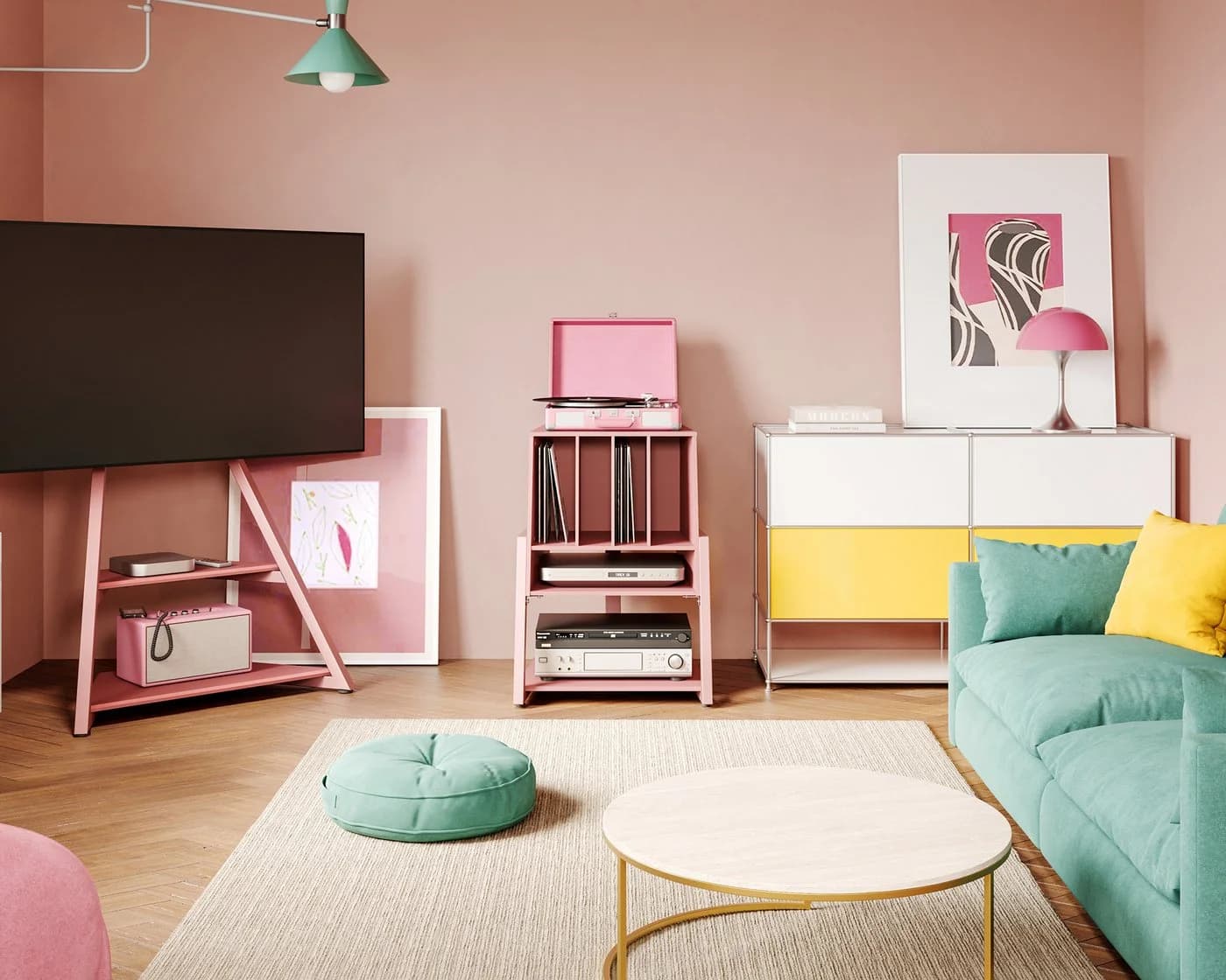 FITUEYES TV-Regal Plattenspieler Tisch HiFi Rack Holz Metall Rosa