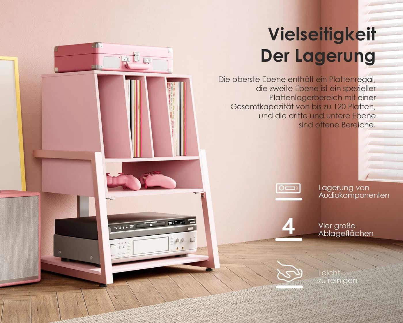 FITUEYES TV-Regal Plattenspieler Tisch HiFi Rack Holz Metall Rosa - Bild 4