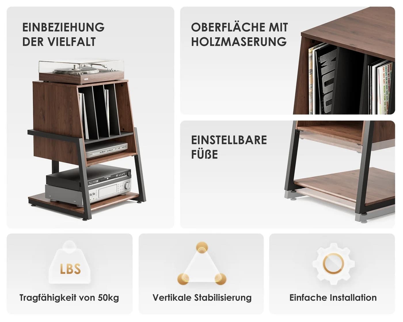 FITUEYES TV-Regal Plattenspieler Tisch HiFi Rack Holz Metall - Bild 5